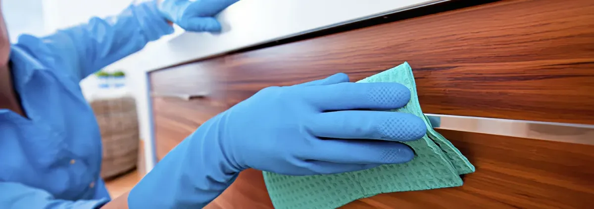 Cleaner wearing blue gloves wiping a wooden cabinet drawer with a microfiber cloth for dust and grime removal, Sacramento, CA.
