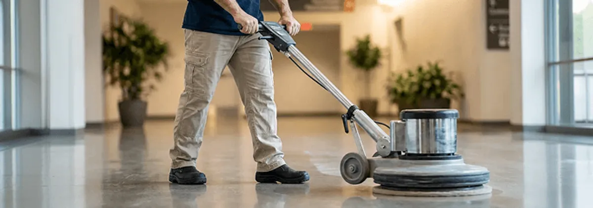 Professional technician using an industrial floor buffer to polish and maintain shiny commercial flooring in a corporate hallway in Sacramento, CA.